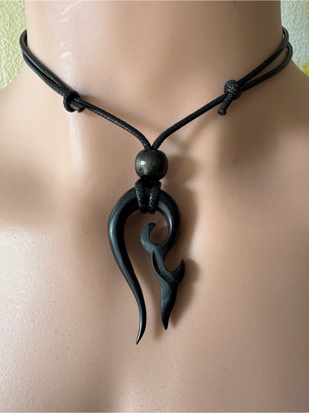Hand-Carved Black Tribal Pendant Necklace - Women Jewelry